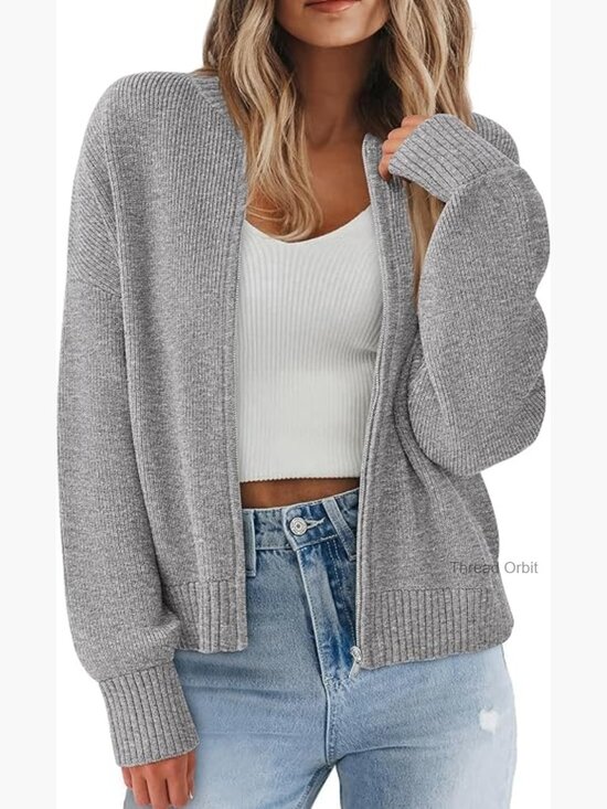 Sweaters - Chunky Ribbed Knit Cardigan Sweater, Open Front Zipper, Cozy Outerwear